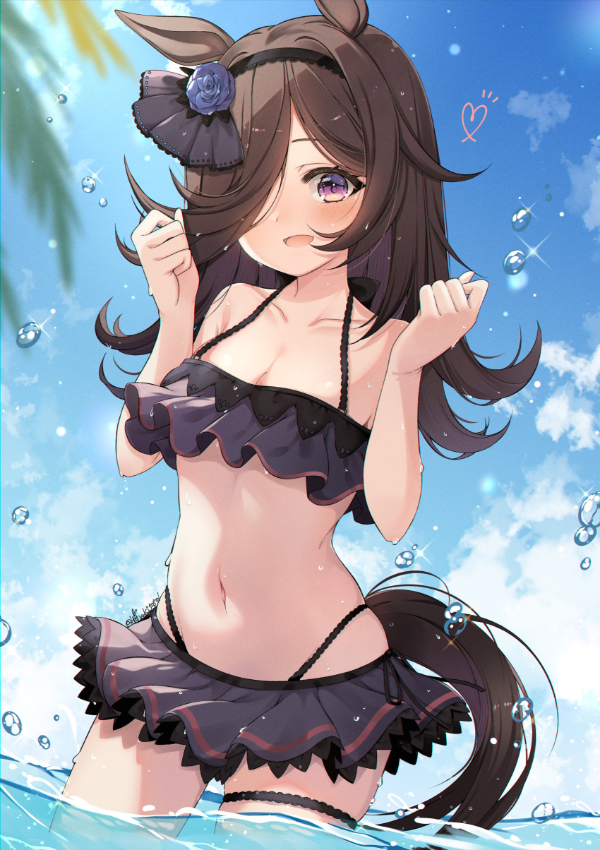 1girl absurdres beach black_hair blush breasts cleavage clenched_hands collarbone hair_ornament hair_over_one_eye haruki_(colorful_macaron) hat highres horse_girl long_hair navel ocean purple_eyes rice_shower_(umamusume) sky small_breasts solo swimsuit umamusume