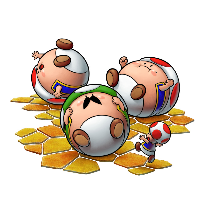4boys absurdres blue_vest boots brown_footwear facial_hair green_vest highres mario_&amp;_luigi_rpg mario_(series) multiple_boys mustache official_art open_mouth simple_background stone_floor toad_(mario) transparent_background vest