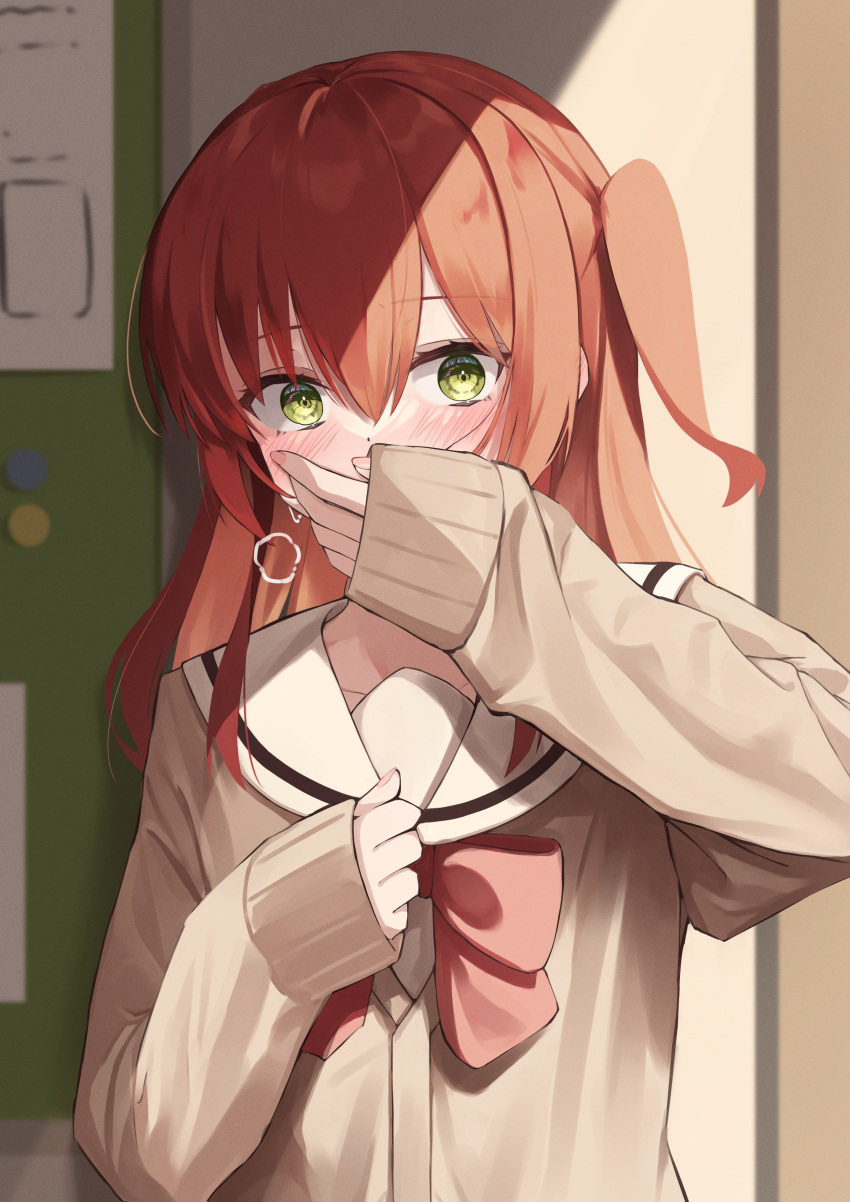 1girl absurdres bangs blush bocchi_the_rock! bow brown_jacket chalkboard classroom clenched_hand collarbone commentary_request covered_mouth covering_mouth eyes_visible_through_hair full-face_blush green_eyes hair_between_eyes hand_on_own_chest hand_over_own_mouth highres indoors jacket kita_ikuyo long_hair long_sleeves looking_at_viewer magnet one_side_up pink_nails red_bow red_hair sailor_collar school school_uniform serafuku shade shuka_high_school_uniform side_ponytail sleeves_past_wrists solo standing toki_kimagure upper_body white_sailor_collar
