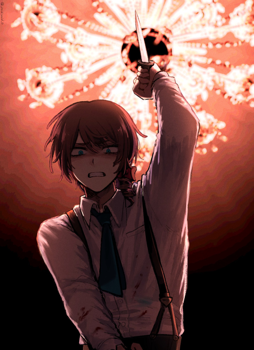 1boy arm_up bangs black_background blood blood_on_clothes blue_eyes blue_necktie bow brown_hair chandelier clenched_teeth collared_shirt edgar_valden from_below hair_between_eyes hair_bow highres holding holding_knife identity_v knife looking_at_viewer low_ponytail male_focus medium_hair necktie pov red_bow scowl shirt single_drill solo stab suspenders teeth tendenbarabara upper_body white_shirt