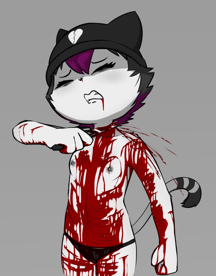 &lt;/3 4_fingers anthro bags_under_eyes bangs black_hair blood blood_from_mouth blood_in_mouth blood_on_arm blood_on_belly blood_on_chest blood_on_thigh blood_spray bodily_fluids camel_toe clenched_teeth clothed clothing covered_in_blood cutting dark domestic_cat dying e254e eyes_closed facial_piercing facial_tuft fatal fatal_wound feet felid feline felis female fingers fist flat_chested fur gore grey_body grey_fur hair hi_res killing knife lip_piercing mammal markings morbid navel neck_wound nipple_piercing nipples nosebleed pain panties piercing purple_hair ring_(marking) ringtail sad sadie_(e254e) self-harm self-hatred skullcap slit_throat solo sorrow spread_legs spreading standing suicide tail tail_markings teenager teeth tongue tongue_out tongue_piercing topless topless_female underwear ventral_groove wince wounded young