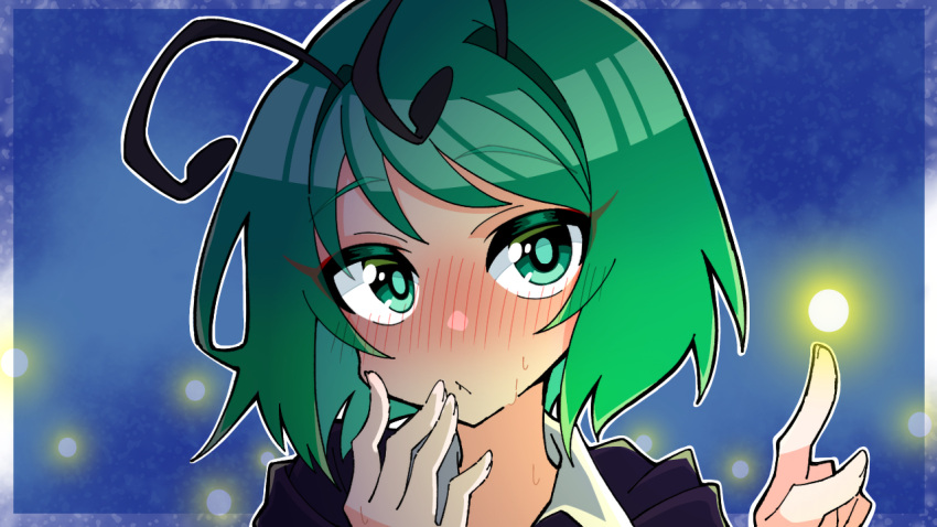 1girl antennae bangs blush bug firefly green_eyes green_hair looking_at_viewer neosiromaruzmc one-hour_drawing_challenge short_hair solo sweatdrop touhou wriggle_nightbug