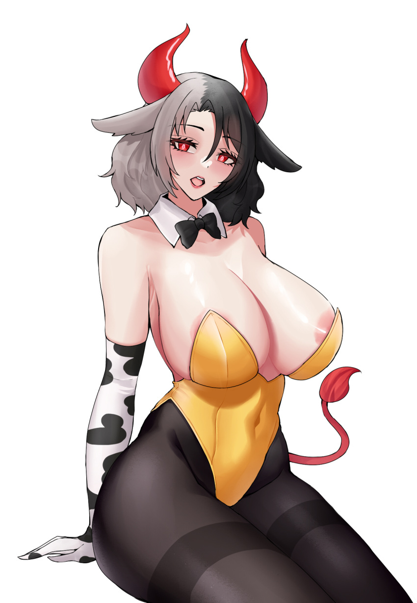 1girl alternate_costume animal_ears arms_behind_back black_bow black_bowtie black_hair black_pantyhose bow bowtie breasts cleavage cow_ears cow_girl cow_horns cow_tail detached_collar elbow_gloves gloves grey_hair highres horns huge_breasts leotard looking_at_viewer multicolored_hair navel nipple_slip nipples open_mouth pantyhose playboy_bunny red_eyes red_horns saturnate492 simple_background sitting tail touhou two-tone_hair ushizaki_urumi white_background yellow_leotard
