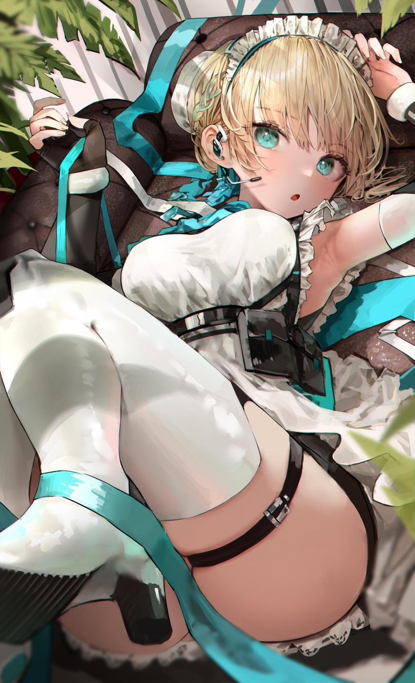 1girl absurdres apron aqua_eyes aqua_ribbon bangs black_gloves blonde_hair blue_archive blush breasts bun_cover couch detached_sleeves fingerless_gloves frilled_apron frills gloves headset highres looking_at_viewer lying maid_headdress medium_breasts on_back on_couch parted_lips plant pouch ribbon single_glove solo thigh_strap thighhighs toki_(blue_archive) white_apron white_thighhighs yonchan