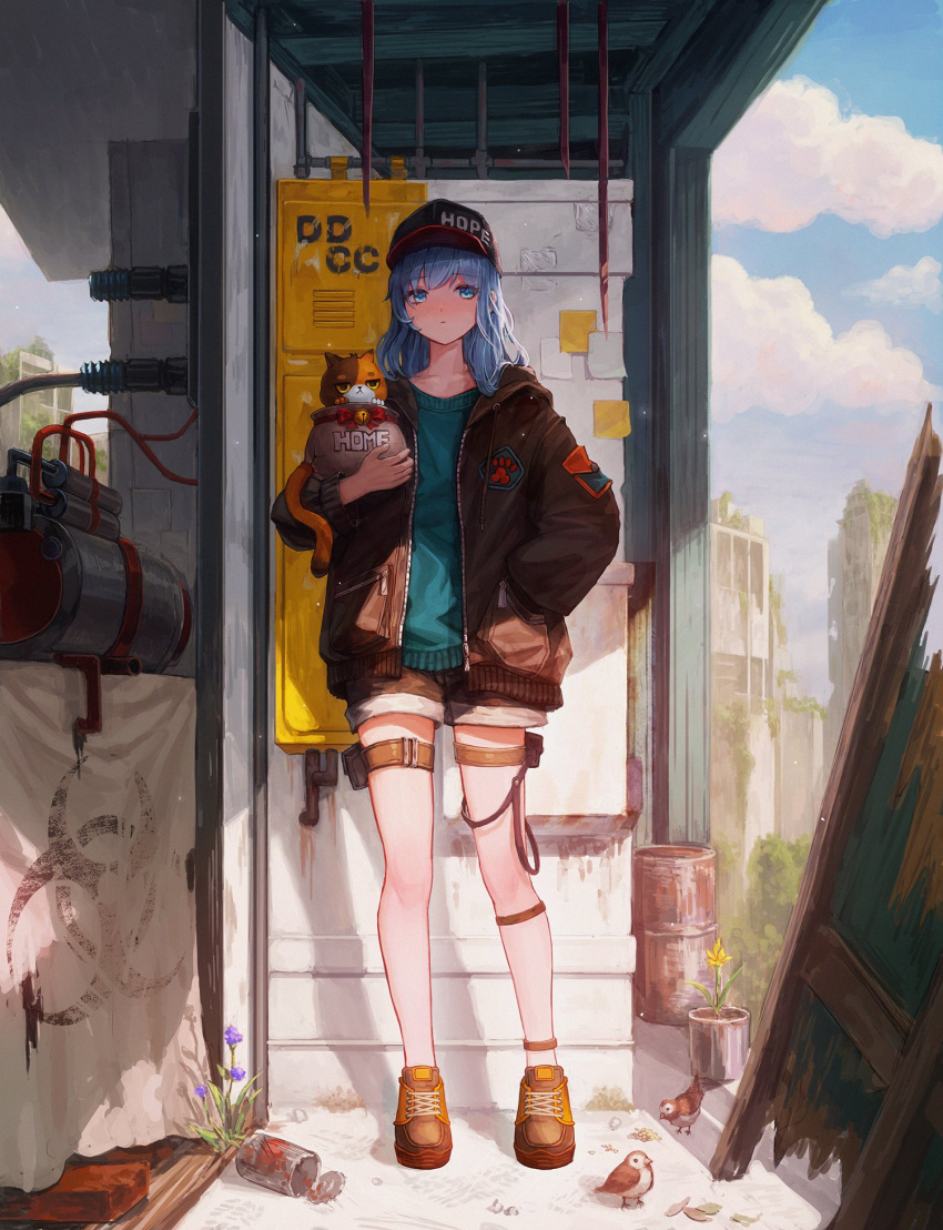 1girl biohazard_symbol bird black_jacket blue_eyes blue_hair brown_shorts cat ddcc0123 full_body green_shirt hand_in_pocket hat highres jacket medium_hair original shirt shoes shorts sneakers solo standing thigh_strap