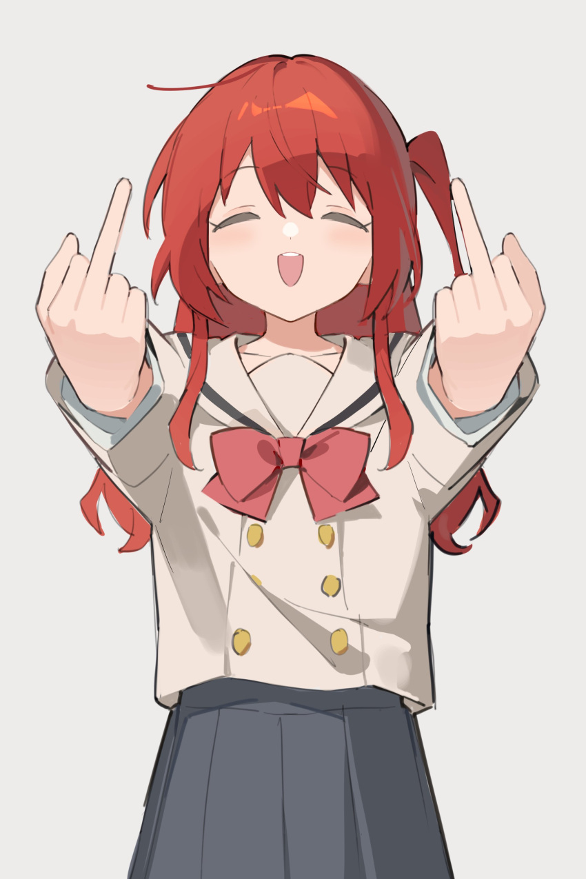 1girl absurdres bangs black_skirt bocchi_the_rock! bow closed_eyes double_middle_finger fei_(songyijie) grey_background hair_between_eyes highres kita_ikuyo long_hair long_sleeves middle_finger one_side_up open_mouth pleated_skirt red_bow red_hair sailor_collar school_uniform shuka_high_school_uniform simple_background skirt solo white_sailor_collar