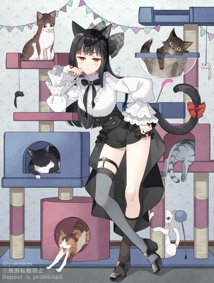 1girl animal_ears asymmetrical_legwear bangs black_bow black_footwear black_shorts black_socks blush bow bowl breasts brown_eyes cat cat_ears cat_girl cat_tail cat_tower closed_mouth commentary_request english_text grey_thighhighs hair_bow hand_on_hip hand_up high_heels highres long_hair long_sleeves looking_at_viewer nekozuki_yuki original pennant puffy_long_sleeves puffy_sleeves red_bow shirt shoes short_shorts shorts sleeves_past_wrists small_breasts socks solo string_of_flags tail tail_bow tail_ornament thighhighs transparent twitter_username very_long_hair white_cat white_shirt