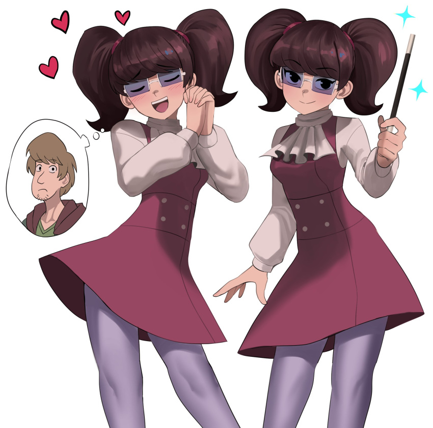 1girl black_eyes blush brown_hair dress glasses heart highres holding holding_wand interlocked_fingers jourd4n madelyn_dinkley multiple_views own_hands_together pantyhose pink_dress scooby-doo shaggy_rogers shirt smile thought_bubble twintails wand white_shirt
