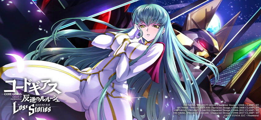 1girl arm_between_breasts artist_request bangs between_breasts bodysuit breasts c.c. capelet code_geass code_geass:_lost_stories copyright_name gawain_(code_geass) glowing glowing_eye green_hair highres knightmare_frame long_hair looking_at_viewer looking_down mecha medium_breasts moon official_art parted_lips pilot_suit red_capelet red_eyes robot smile squatting very_long_hair white_bodysuit yellow_eyes
