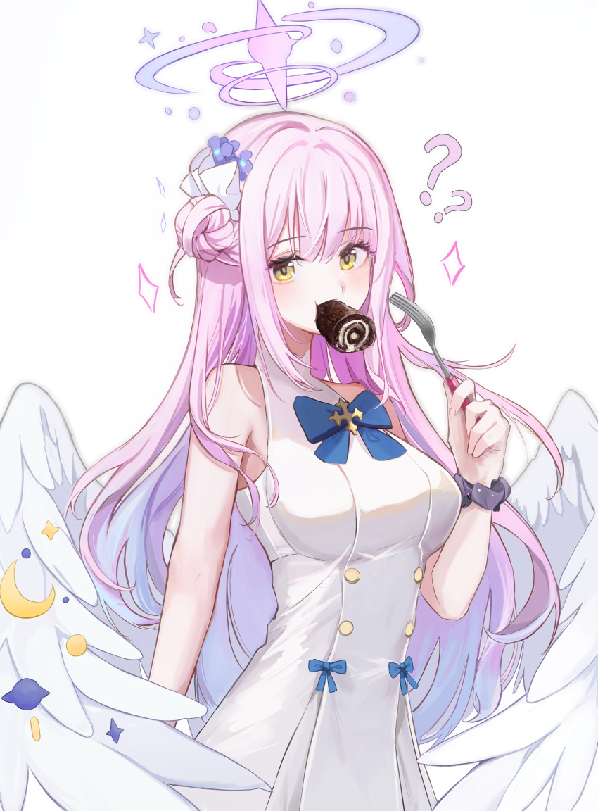 1girl ? absurdres bare_shoulders blue_archive bow bowtie breasts cake dana_(hapong07) eating food fork gradient_hair hair_bun hair_ornament halo hand_up highres holding holding_fork medium_breasts mika_(blue_archive) mouth_hold multicolored_hair pink_hair revision shirt sidelocks single_side_bun sleeveless sleeveless_shirt solo sparkle swiss_roll upper_body white_shirt yellow_eyes