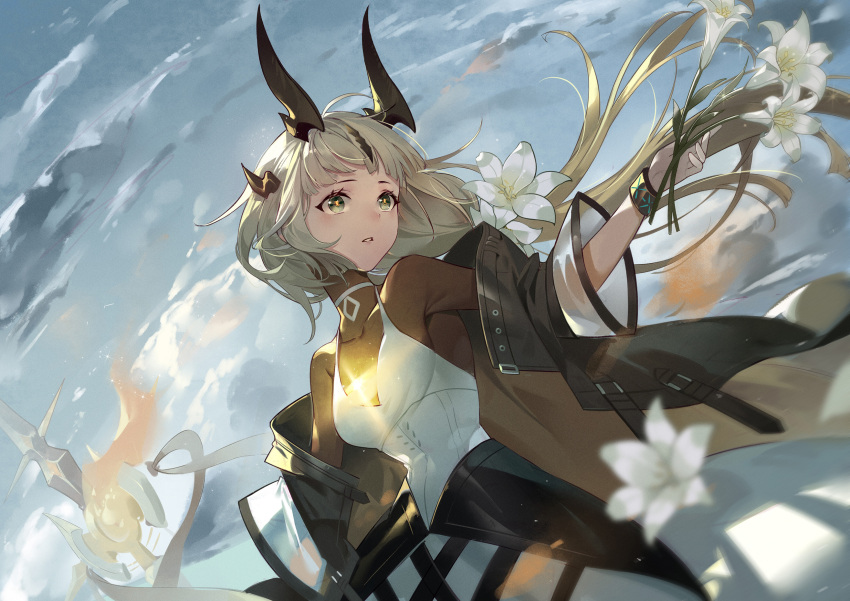 1girl arknights black_jacket cloud cloudy_sky commentary_request dress flower grey_eyes grey_hair highres horns infection_monitor_(arknights) jacket long_hair off_shoulder parted_lips reed_(arknights) reed_the_flame_shadow_(arknights) sky solo very_long_hair white_dress white_flower woodylixx