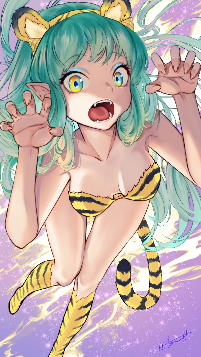 1girl absurdres akaiyou animal_ears animal_print bikini boots breasts claw_pose collarbone eyelashes eyeshadow fake_animal_ears fangs fingernails green_eyeshadow green_hair highres horns large_breasts long_hair lum makeup oni oni_horns open_mouth pointy_ears print_bikini sharp_fingernails solo swimsuit tail tiger_print tiger_tail urusei_yatsura yellow_horns