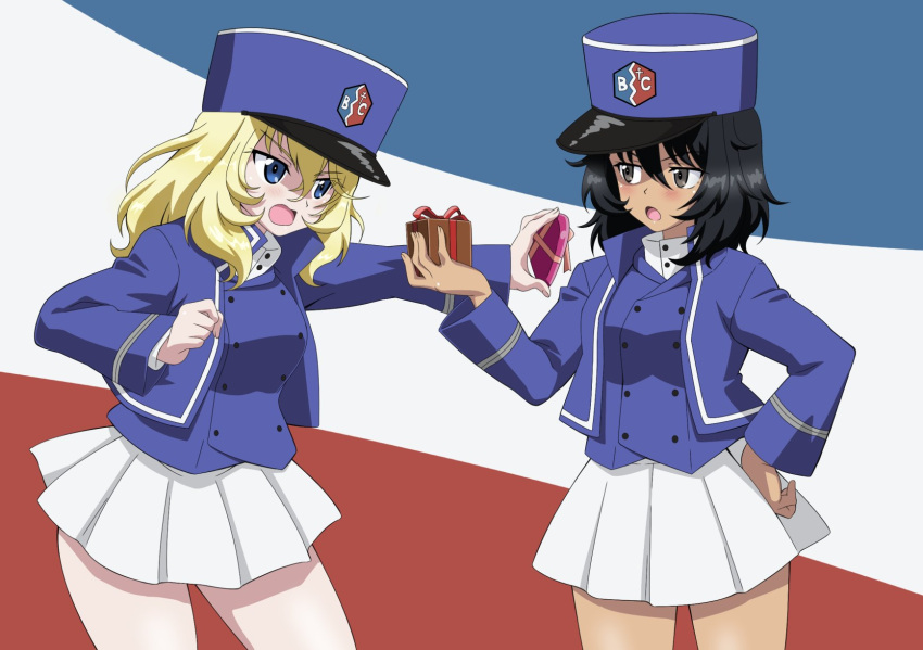 2girls andou_(girls_und_panzer) bangs bc_freedom_(emblem) bc_freedom_military_uniform black_eyes black_hair blonde_hair blue_eyes blue_headwear blue_jacket blue_vest blush box brown_eyes commentary dark-skinned_female dark_skin dress_shirt emblem flag_background french_flag frown gift girls_und_panzer giving hand_on_hip hat heart-shaped_box high_collar highres holding holding_gift jacket kepi long_sleeves looking_at_viewer medium_hair messy_hair military military_hat military_uniform miniskirt multiple_girls nao_(nao_puku777) open_mouth oshida_(girls_und_panzer) pleated_skirt shirt skirt standing tsundere uniform valentine vest white_shirt white_skirt yuri