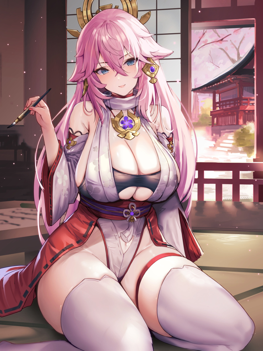 1girl alternate_eye_color animal_ears bangs bare_shoulders blue_eyes blush breasts cleavage closed_mouth crossed_bangs detached_sleeves earrings flower_knot fox_ears genshin_impact groin hair_between_eyes hair_ornament highres holding holding_paintbrush huge_breasts japanese_clothes jewelry large_breasts long_hair looking_at_viewer matsumoto_mitsuaki nontraditional_miko paintbrush pink_hair ribbon_trim sitting smile solo tassel thick_thighs thighhighs thighs underboob white_thighhighs wide_sleeves yae_miko yokozuwari