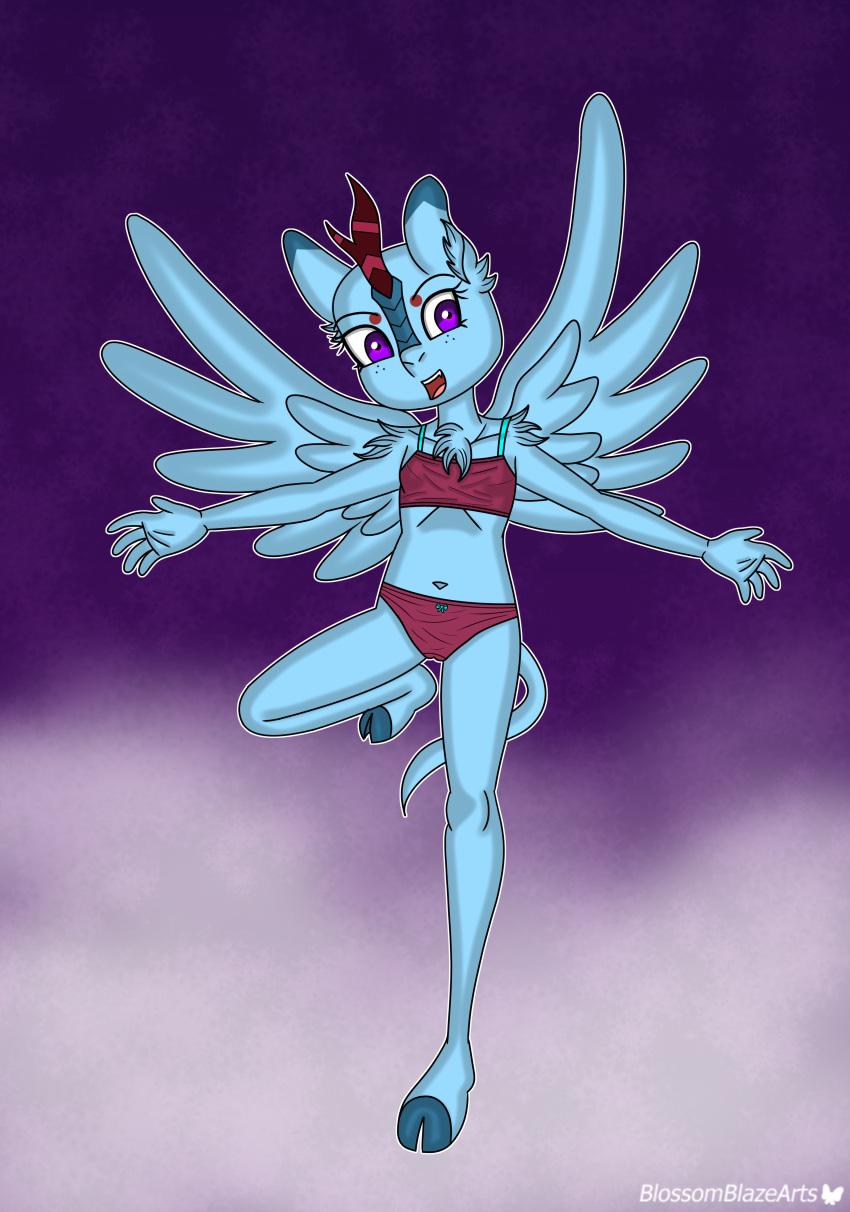 absurd_res anthro asian_mythology blossomblaze bra chest_fur chinese_mythology clothing east_asian_mythology equid equine fan_character female freckles hairless hasbro hi_res horn horse humanoid kirin long_tail looking_at_viewer mammal my_little_pony mythology open_mouth panties pony pose scales solo spread_wings tail underwear wings