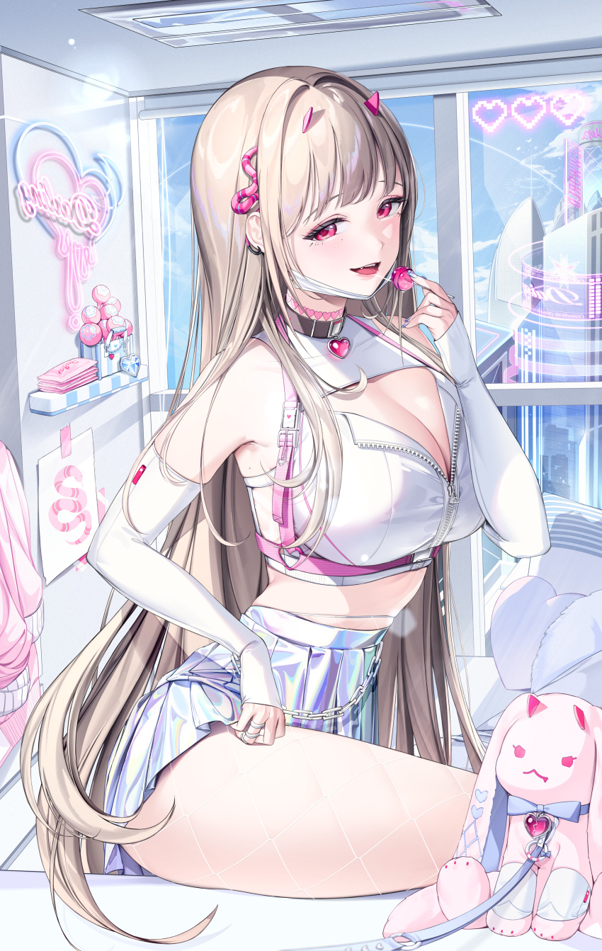 1girl absurdres bangs blonde_hair breasts candy cleavage_cutout clothing_cutout crop_top fishnet_pantyhose fishnets food goddess_of_victory:_nikke heart_pendant highres holding holding_candy holding_food holding_lollipop holographic_clothing horns indoors iridescent large_breasts lollipop looking_at_viewer madaeng mask mole mole_under_eye mouth_mask nail_polish open_mouth pantyhose pink_eyes pleated_skirt saliva saliva_trail skirt solo thighs viper_(nikke) white_mask zipper