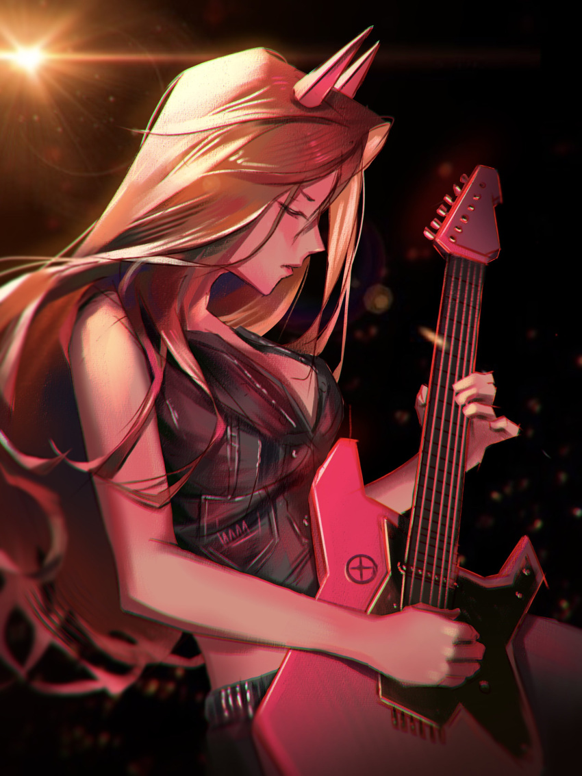1girl absurdres brown_hair chainsaw_man closed_eyes dark denim denim_jacket electric_guitar facing_to_the_side guitar highres holding holding_instrument horns instrument jacket kozzz_y lens_flare light_particles light_rays long_hair power_(chainsaw_man) red_horns solo