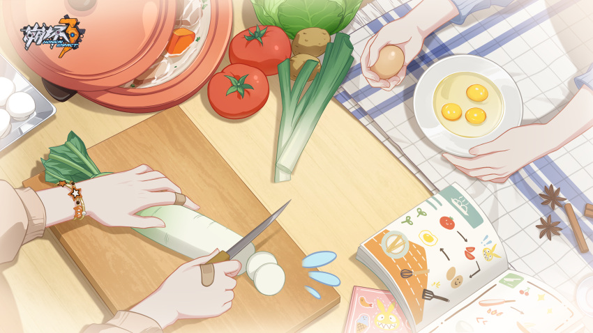 2girls bandaid book cooking cutting cutting_board drawing dreaming egg food highres holding holding_egg holding_food holding_knife holding_vegetable homu_(honkai_impact) honkai_(series) honkai_impact_3rd kiana_kaslana knife logo multiple_girls official_art official_wallpaper potato radish raiden_mei tomato vegetable