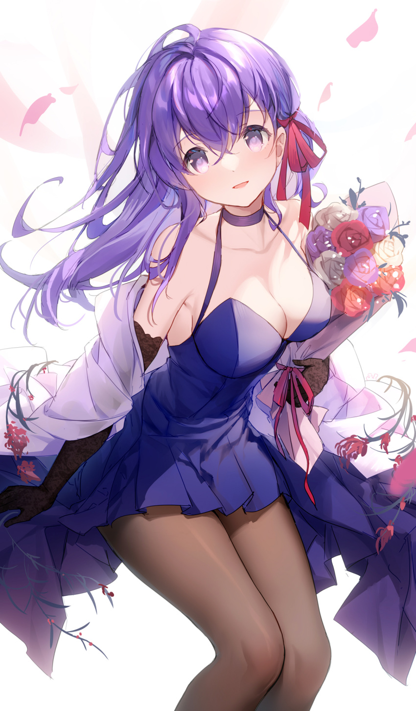 1girl bangs bare_shoulders bison_cangshu black_pantyhose blue_dress bouquet breasts choker cleavage collarbone crossed_bangs dress elbow_gloves falling_petals fate/stay_night fate_(series) floating_hair flower gloves hair_between_eyes hair_ribbon halter_dress halterneck highres holding holding_bouquet lace lace_gloves large_breasts long_hair looking_at_viewer matou_sakura open_mouth pantyhose petals pleated_dress purple_choker purple_eyes purple_flower purple_hair purple_rose red_flower red_ribbon red_rose ribbon rose simple_background sleeveless sleeveless_dress smile solo thighs white_background white_flower white_rose