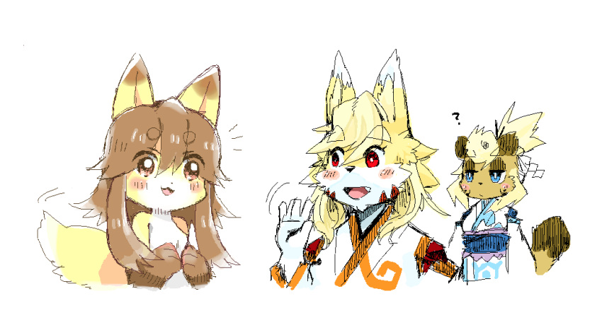 3girls :3 ? animal_ear_fluff animal_ears animal_hands animal_nose bangs blonde_hair blue_eyes blue_trim blush blush_stickers borrowed_character bright_pupils brown_fur brown_hair closed_mouth colored_tips commentary_request detached_sleeves expressionless fang flat_chest fox_ears fox_girl fox_tail furry furry_female hair_between_eyes hair_ornament hair_stick half-closed_eyes hand_up hands_up happy highres jaggy_lines japanese_clothes kame_(3t) kimono long_hair long_sleeves looking_at_another motion_lines multicolored_hair multiple_girls notice_lines obi open_mouth orange_trim original own_hands_together raccoon_ears raccoon_girl raccoon_tail red_eyes rin-chan_(kame_(3t)) sash shide short_hair sidelocks simple_background sketch sleeveless sleeveless_kimono smile swept_bangs tail tail_wagging thick_eyebrows topknot two-tone_fur two-tone_hair upper_body waving white_background white_fur white_hair white_kimono white_pupils yellow_fur yhun-chan_(kame_(3t))