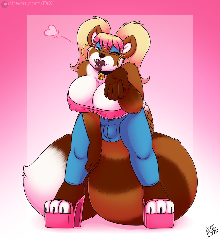 &lt;3 ailurid anthro bear bell bell_collar big_breasts blizzard_entertainment blowing_kiss breasts bulge cleavage clothed clothing collar digital_media_(artwork) drxii ear_piercing ear_ring erect_nipples footwear fur gynomorph hair heart_reaction heart_wink hi_res high_heels highlights_(coloring) hoop_ear_ring huge_breasts intersex long_tail looking_at_viewer mammal nipple_outline nipples one_eye_closed pandaren piercing pink_highlights platform_footwear platform_heels red_panda red_pandaren ring_piercing simple_background smile solo tail warcraft wink