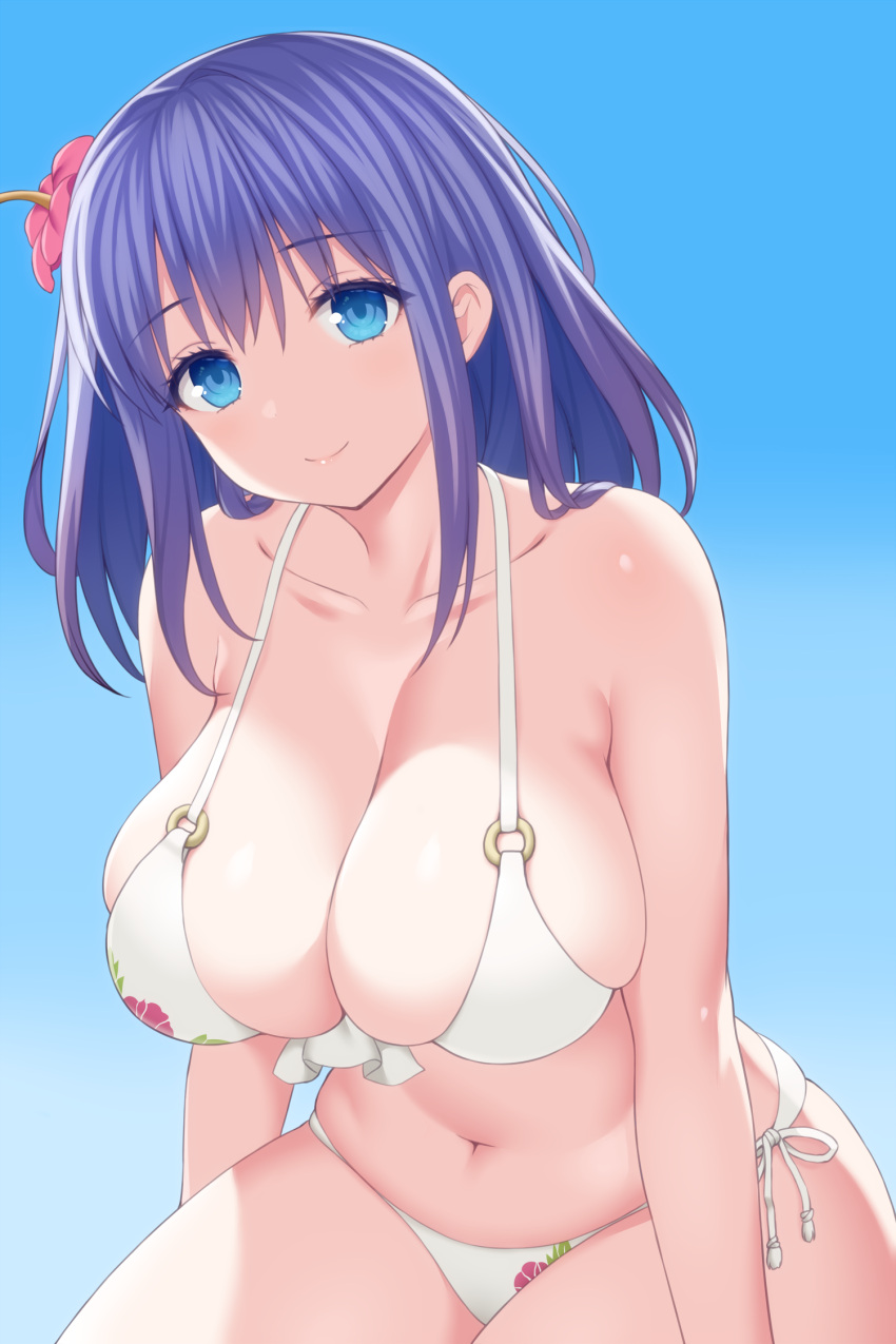 1girl asamura_hiori bangs bare_shoulders bikini blue_eyes blue_sky blush breasts cleavage collarbone floral_print flower hair_flower hair_ornament highres large_breasts looking_at_viewer medium_hair misora_(princess_connect!) navel princess_connect! purple_hair sidelocks sky smile solo swimsuit thighs white_bikini