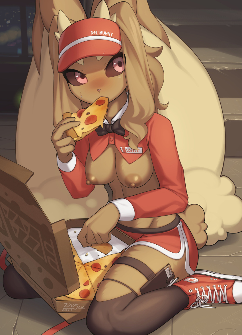 absurd_res anthro anthrofied big_breasts black_sclera bodily_fluids bottomwear breasts brown_body brown_fur brown_hair caught cleavage_cutout clothed clothing delivery_(commerce) delivery_employee eating female food food_carrier food_delivery footwear fur generation_4_pokemon hair hi_res hotpants kemono kneeling kneeling_on_ground legwear looking_at_viewer lopunny nintendo nipples pink_eyes pizza pizza_delivery pizza_delivery_carrier pokemon pokemon_(species) shoes shorts sitting solo sweat sweatdrop tan_body tan_fur uniform wariza zinfyu