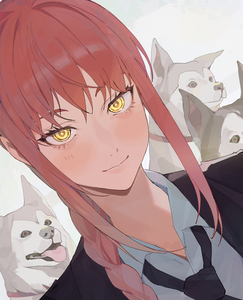 1girl absurdres bangs black_jacket black_necktie braid braided_ponytail chainsaw_man collared_shirt dog formal hair_over_shoulder highres hikkishi husky jacket looking_at_viewer makima_(chainsaw_man) medium_hair necktie red_hair ringed_eyes shirt sidelocks simple_background smile suit suit_jacket tongue tongue_out white_background white_shirt yellow_eyes