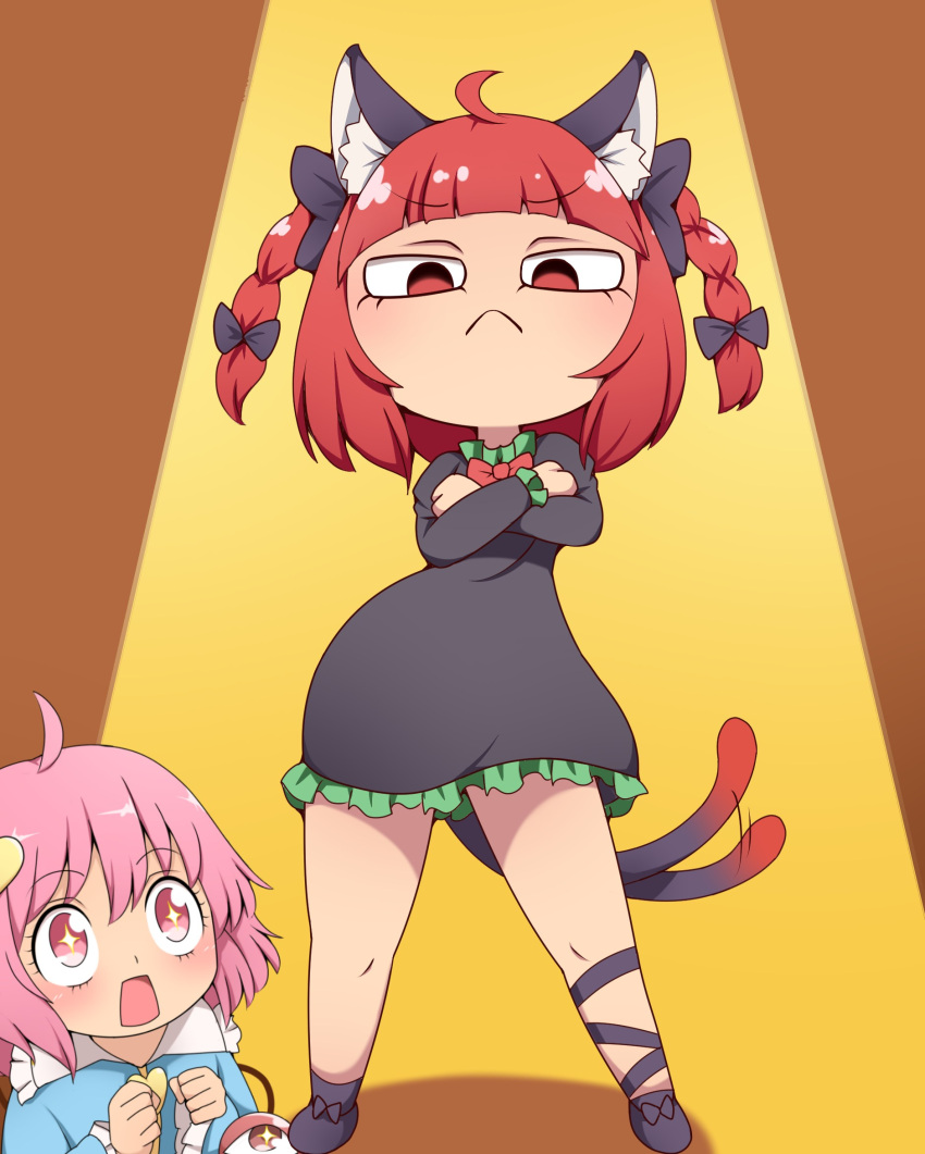 +_+ 2girls :&lt; ahoge animal_ears ankha_zone braid cat_ears cat_girl cat_tail clenched_hands commentary_request crossed_arms frown highres kaenbyou_rin komeiji_satori multiple_girls multiple_tails nekomata open_mouth parody pink_eyes pink_hair red_eyes red_hair spotlight spy_x_family suwaneko tail third_eye touhou twin_braids two_tails