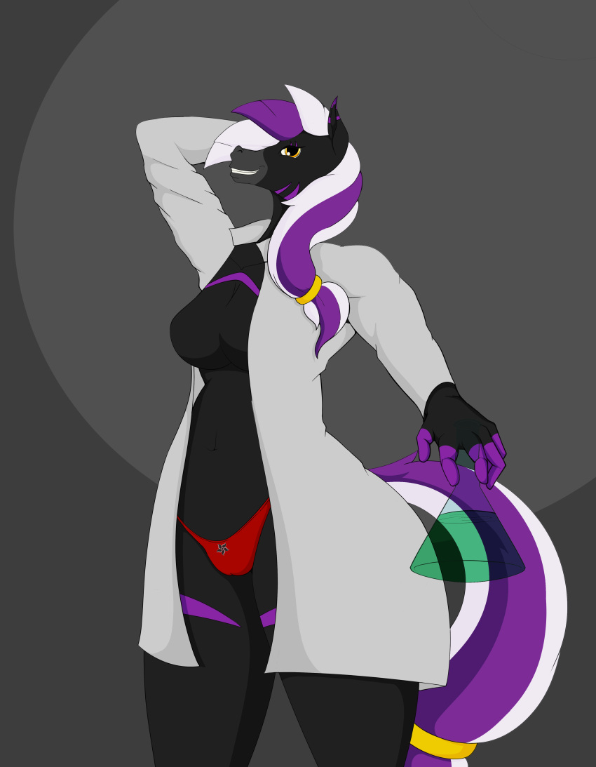 absurd_res aerotransor alchemist anthro bottle clothed clothing coat container equid equine female hairbands hi_res invalid_tag lab_coat looking_at_viewer mammal panties potion stripes topless topwear underwear vexin zebra-pony zony