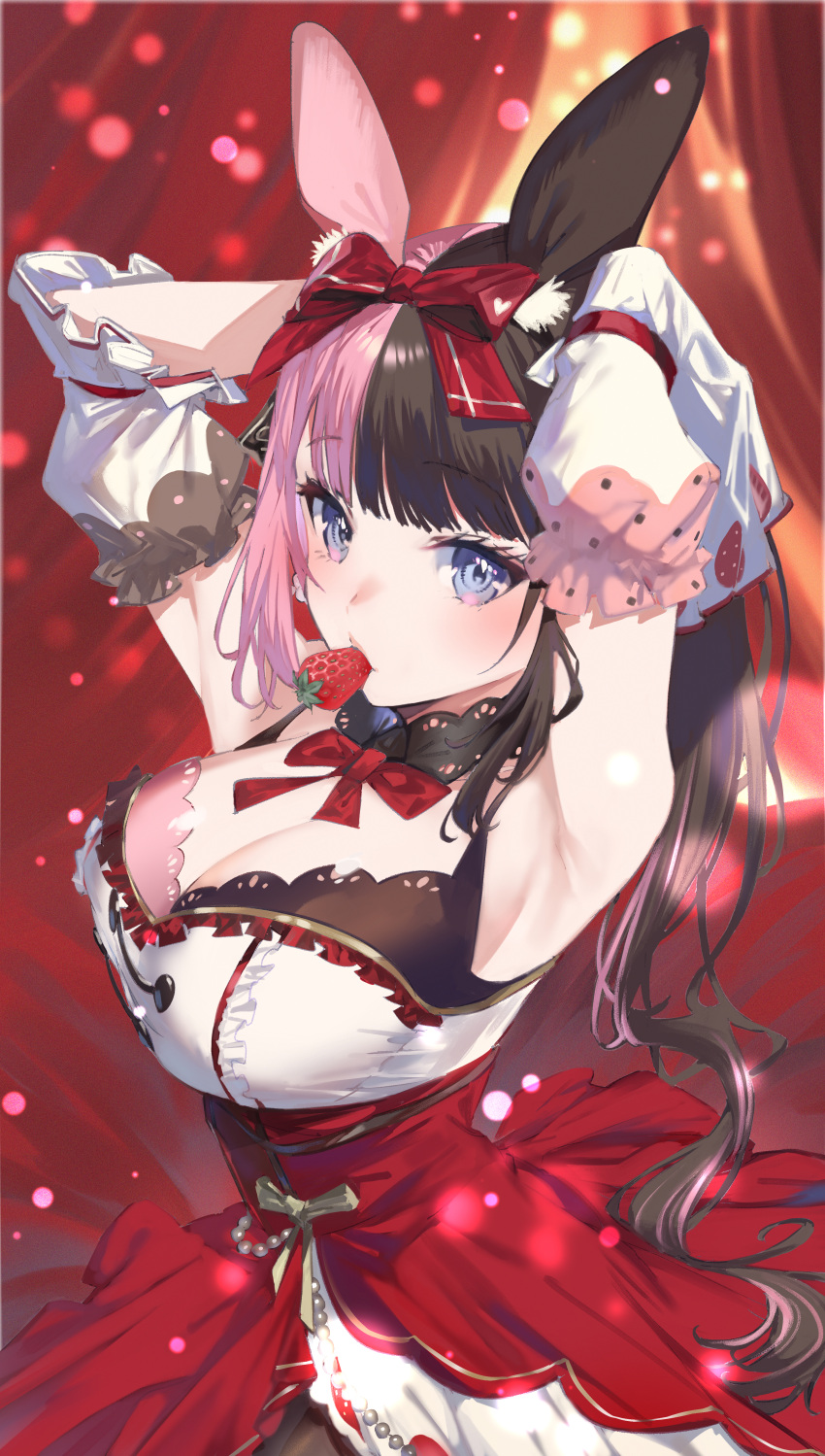 1girl absurdres adjusting_hair animal_ears armpits arms_up asymmetrical_sleeves black_hair blue_eyes blush bow breasts cleavage curly_hair curtains detached_sleeves food food_in_mouth frilled_sleeves frills fruit hair_bow halterneck high-waist_skirt highres holding holding_food iris_black_games lace_collar large_breasts lens_flare light_particles long_hair looking_at_viewer multicolored_hair pink_hair rabbit_ears red_bow red_skirt ringed_eyes sidelocks skirt solo strapless strawberry tachibana_hinano_(vtuber) tube_top two-tone_dress two-tone_hair user_nhtj8542 very_long_hair virtual_youtuber vspo! white_tube_top