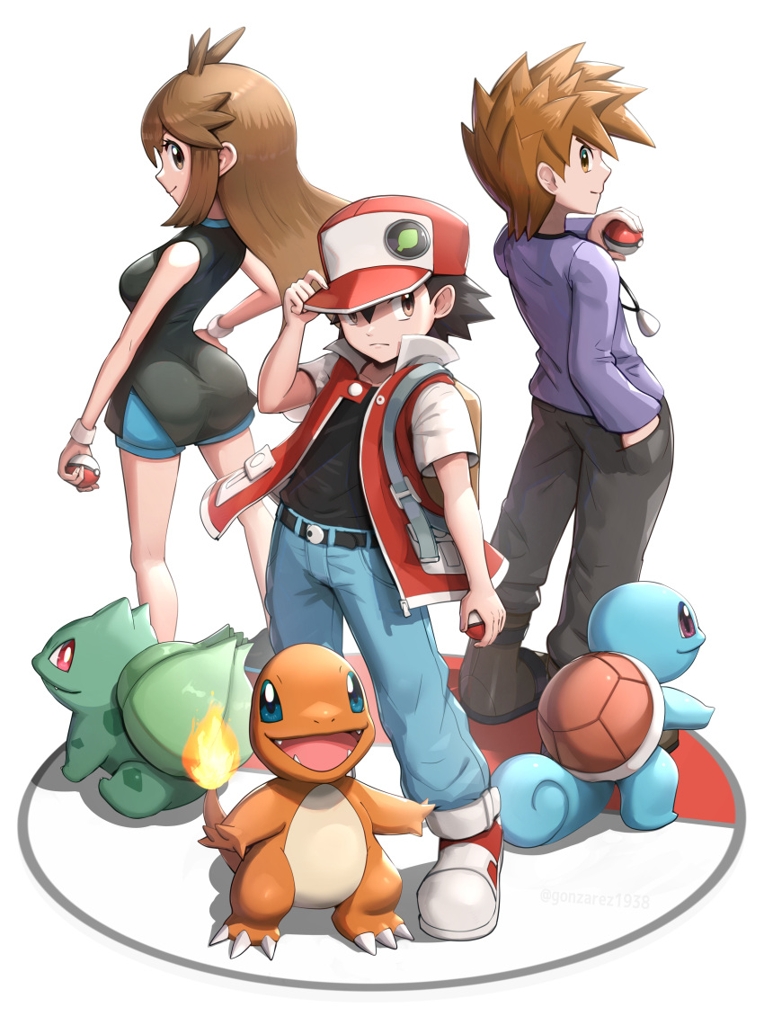 1girl 2boys absurdres belt belt_buckle black_belt black_shirt blue_oak brown_hair buckle bulbasaur charmander closed_mouth commentary_request gonzarez green_(pokemon) hand_in_pocket hand_on_headwear hand_up hat highres holding holding_poke_ball jacket long_hair multiple_boys open_clothes open_jacket pants poke_ball poke_ball_(basic) pokemon pokemon_(game) pokemon_lgpe purple_shirt red_(pokemon) red_headwear red_jacket shirt shoes shorts spiked_hair squirtle standing starter_pokemon_trio white_background