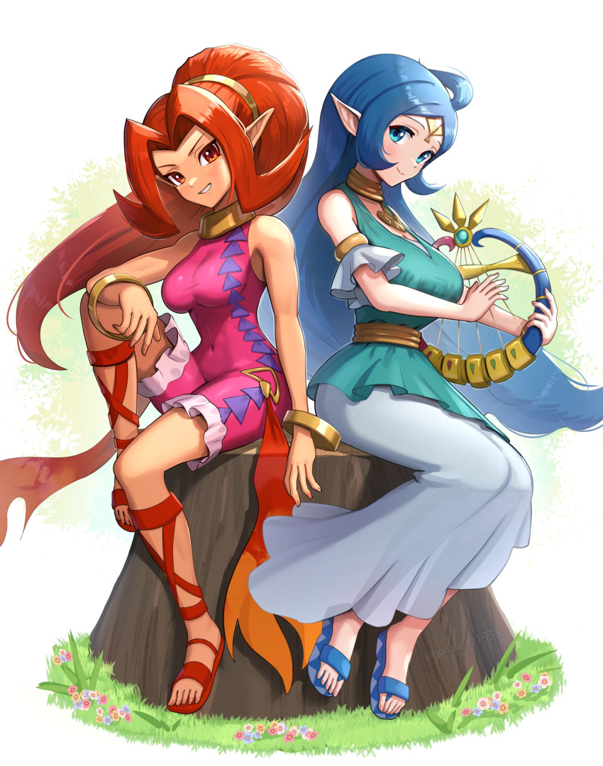 2girls absurdres blue_eyes blue_hair bracelet breasts covered_navel dark_skin din dress gonzarez highres instrument jewelry large_breasts long_hair looking_at_viewer multiple_girls nayru pointy_ears ponytail red_eyes red_hair sandals sitting sitting_on_tree_stump smile the_legend_of_zelda the_legend_of_zelda:_oracle_of_ages the_legend_of_zelda:_oracle_of_seasons tiara