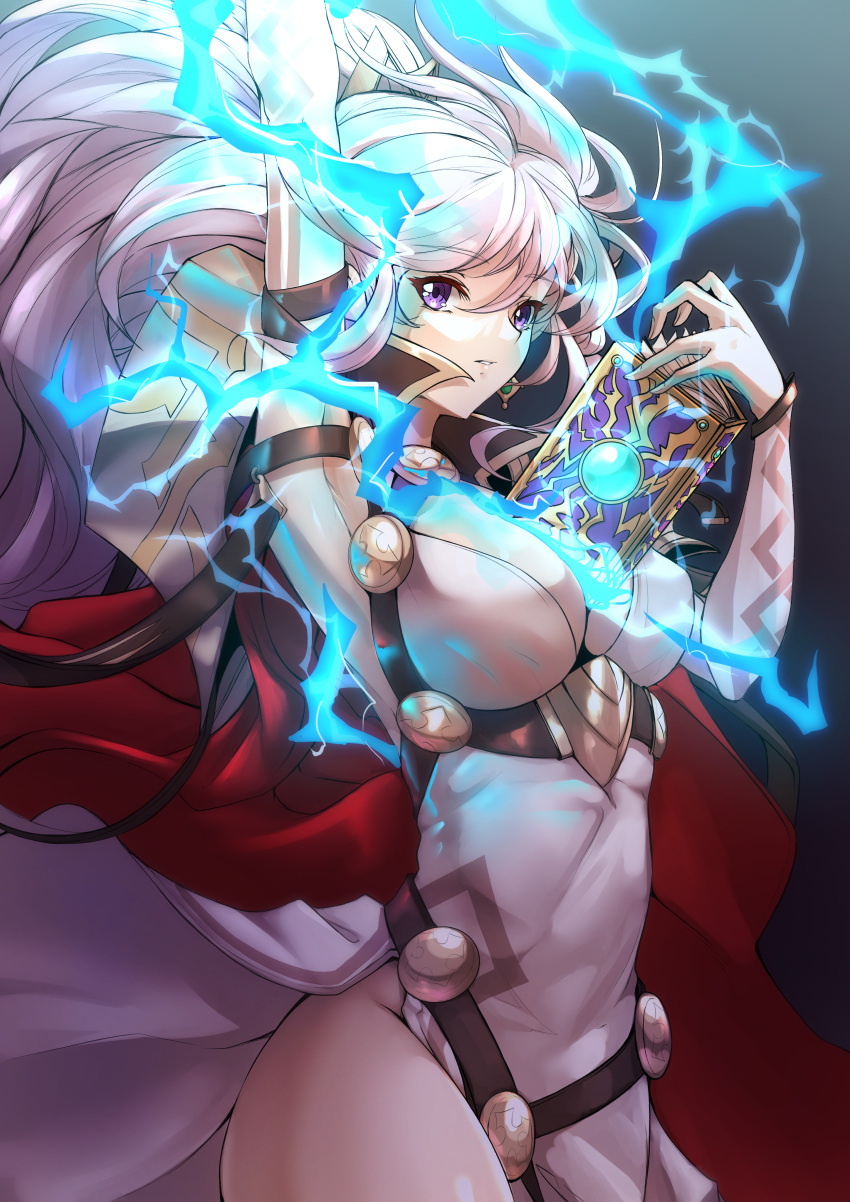 1girl absurdres alternate_costume arm_up armpits book breasts cleavage commission commissioner_upload dated deekei dress electricity fire fire_emblem fire_emblem:_genealogy_of_the_holy_war fire_emblem_heroes gloves groin highres holding holding_book ishtar_(fire_emblem) light_purple_hair non-web_source official_alternate_costume pelvic_curtain purple_eyes thighs white_dress