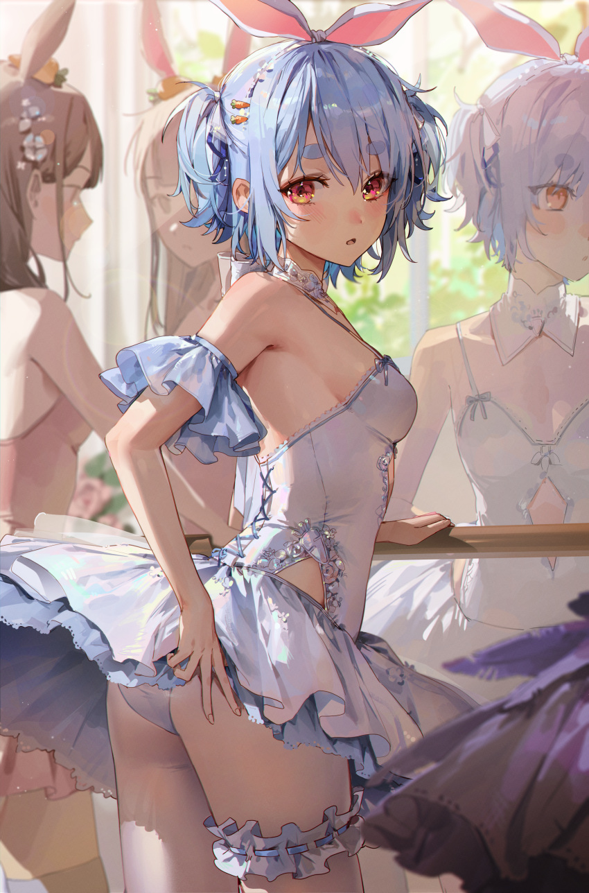 1other 2girls absurdres animal_ears ballerina bangs blue_dress blue_hair breasts bridal_garter brown_hair carrot_hair_ornament clothing_cutout cowboy_shot detached_collar detached_sleeves dress food-themed_hair_ornament grey_thighhighs hair_ornament highres hikimayu hip_vent hololive kellymonica02 looking_at_viewer mirror multiple_girls navel_cutout open_mouth out_of_frame panties pink_dress rabbit_ears red_eyes reflection short_hair sleeveless sleeveless_dress small_breasts solo_focus standing thighhighs tied_ears two_side_up underwear usada_pekora v virtual_youtuber white_dress white_panties
