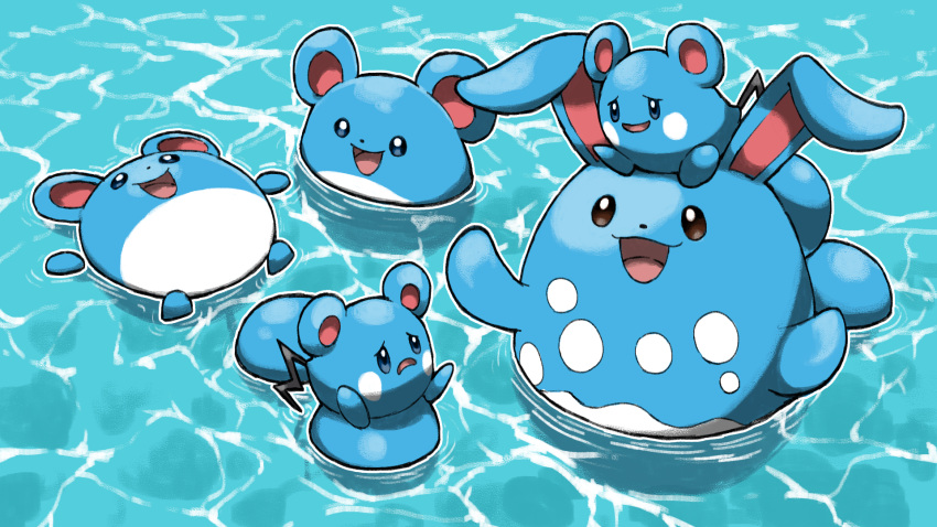 :d afloat azumarill azurill blacknirrow bright_pupils commentary evolutionary_line highres lying marill no_humans on_back on_head open_mouth outline pokemon pokemon_(creature) pokemon_on_head smile tongue water white_pupils