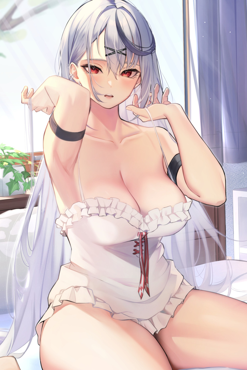 1girl absurdres armpits bangs black_hair blush breasts camisole cleavage collarbone commentary_request curvy frills grey_hair hair_ornament highres hololive large_breasts long_hair looking_at_viewer multicolored_hair open_mouth pero_(peroneko0510) red_eyes sakamata_chloe sitting solo streaked_hair thick_thighs thighs very_long_hair virtual_youtuber wariza white_camisole x_hair_ornament