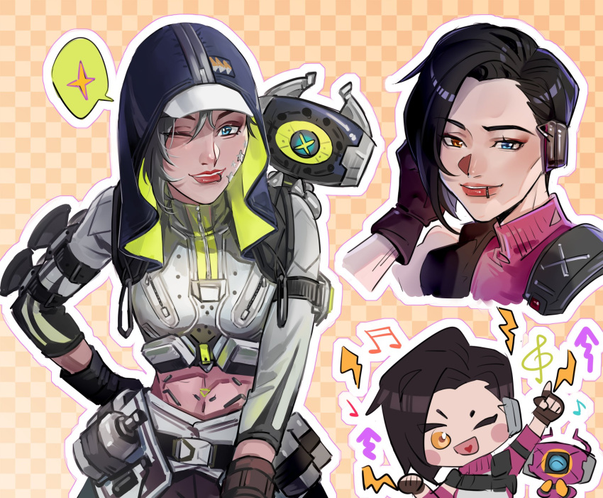 1girl animification apex_legends apex_legends_mobile blue_eyes chongmingggg cropped_jacket digital_star_rhapsody grey_jacket headphones heterochromia highres hood hood_up hooded_jacket jacket leaning_forward lightning_bolt_symbol midriff musical_note navel official_alternate_costume one_eye_closed orange_eyes parted_lips pointing pointing_up rhapsody_(apex_legends) rowdy_(apex_legends) smile speech_bubble treble_clef