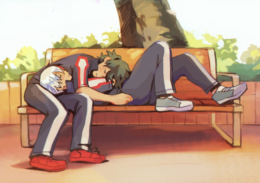 2boys bench blue_jacket blue_pants boku_no_hero_academia closed_eyes commentary commission day english_commentary fenkko freckles full_body green_hair gym_uniform head_on_chest jacket lying male_focus midoriya_izuku multiple_boys on_back on_bench outdoors pants park_bench parted_lips red_footwear red_hair shoes short_hair sitting sleeping sleeping_on_person todoroki_shouto u.a._gym_uniform white_hair