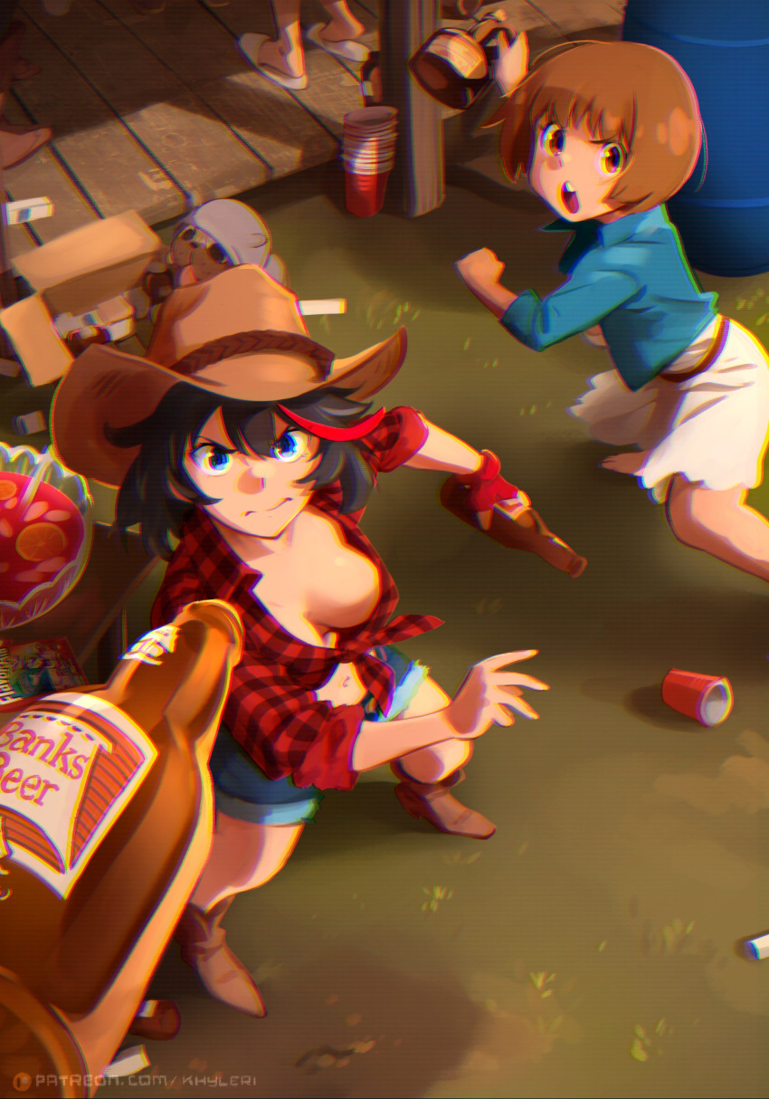 2girls absurdres barefoot barrel beer_bottle belt black_hair blue_eyes blue_shirt bob_cut boots bottle box breasts brown_belt brown_eyes brown_footwear brown_hair cardboard_box cleavage collarbone collared_shirt commentary cowboy_boots cowboy_hat cup denim denim_shorts disposable_cup dog dot_nose downblouse dress english_commentary english_text fingerless_gloves frown fruit_punch_(drink) full_body furrowed_brow glass_bowl gloves grass guts_(kill_la_kill) hat highres holding holding_bottle khyle. kill_la_kill large_breasts looking_at_viewer mankanshoku_mako matoi_ryuuko medium_breasts medium_dress medium_hair midriff multicolored_hair multiple_girls navel no_bra open_mouth outdoors patreon_username pill_bottle plaid plaid_shirt popped_collar porch red_gloves red_hair red_shirt shirt shorts single_glove sleeves_past_elbows sleeves_rolled_up slippers split_mouth standing straight_hair streaked_hair teeth throwing throwing_drink two-tone_hair upper_teeth_only web_address white_dress white_footwear wooden_porch