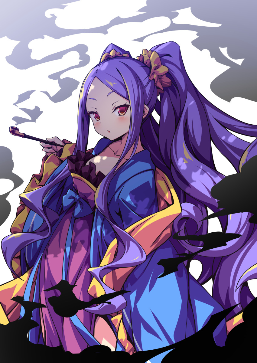 1girl :o absurdres bangs blush collarbone commentary_request dress fate/grand_order fate_(series) forehead frilled_sleeves frills highres holding holding_smoking_pipe kiseru long_hair long_sleeves looking_at_viewer open_clothes parted_bangs parted_lips pelvic_curtain pink_dress purple_hair red_eyes short_eyebrows sleeves_past_wrists smoke smoking_pipe solo thick_eyebrows twintails ugume very_long_hair white_background wide_sleeves wu_zetian_(fate)