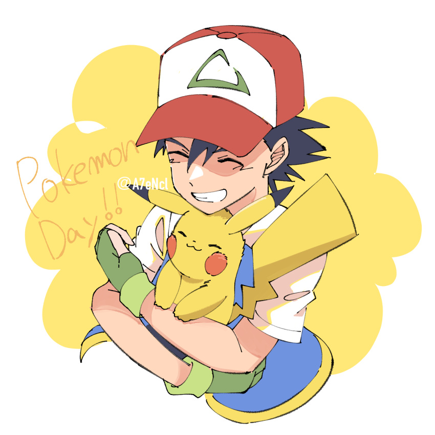 1boy ash_ketchum bangs baseball_cap black_hair closed_eyes commentary_request copyright_name fingerless_gloves gloves green_gloves grin hair_between_eyes hat highres holding holding_pokemon jacket male_focus pikachu pokemon pokemon_(anime) pokemon_(creature) red_headwear short_hair short_sleeves smile teeth uguisu_(sugardollhomelif) watermark