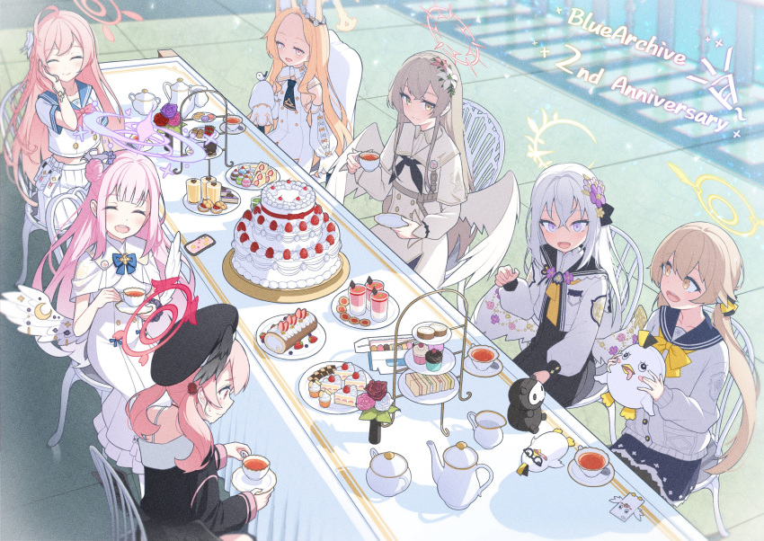 6+girls absurdres angel_wings animal_ears anniversary azusa_(blue_archive) blonde_hair blue_archive brown_eyes cake cake_slice cellphone copyright_name cup food fox_ears halo hanako_(blue_archive) hifumi_(blue_archive) highres holding holding_cup holding_saucer holding_stuffed_toy koharu_(blue_archive) light_brown_hair long_hair long_table low_twintails macaron mika_(blue_archive) multiple_girls nagisa_(blue_archive) peroro_(blue_archive) phone pink_hair saucer seia_(blue_archive) sitting smartphone stuffed_animal stuffed_bird stuffed_toy swiss_roll table tablecloth tea_party tea_set teacup teapot tiered_tray twintails tyobis. white_wings wings