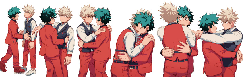 2boys absurdres alternate_costume bakugou_katsuki black_shirt black_vest blonde_hair boku_no_hero_academia closed_mouth collared_shirt commentary dancing eye_contact formal freckles frown green_hair hands_on_another's_back hands_on_another's_shoulders highres jacket lc._universe long_sleeves looking_at_another male_focus midoriya_izuku multiple_boys necktie open_mouth pants red_eyes red_footwear red_jacket red_necktie red_pants red_suit shirt shoes short_hair simple_background smile spiked_hair striped_necktie suit symbol-only_commentary vest white_background white_shirt yaoi