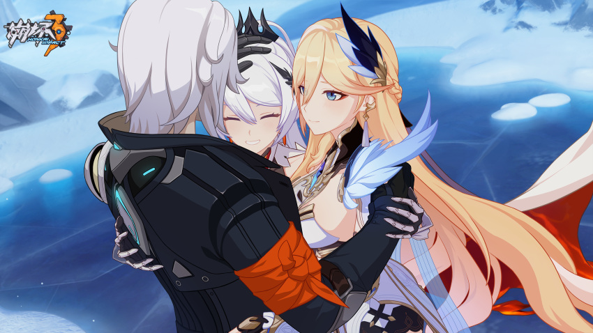 1boy 2girls bianka_durandal_ataegina bianka_durandal_ataegina_(palatinus_equinox) black_jacket blonde_hair breasts closed_eyes earrings group_hug highres honkai_(series) honkai_impact_3rd hug ice jacket jewelry kiana_kaslana kiana_kaslana_(herrscher_of_flamescion) large_breasts logo long_jacket looking_at_another multiple_girls official_art official_wallpaper siegfried_kaslana smile snow