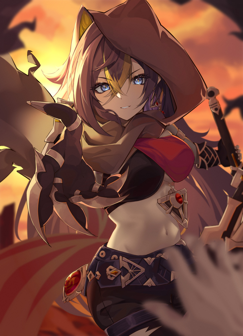 1girl absurdres animal_ears bangs black_gloves black_pants blonde_hair blue_eyes blurry blurry_foreground breasts brown_cape brown_hair cape criss-cross_halter dehya_(genshin_impact) genshin_impact gloves hair_between_eyes halterneck highres holding holding_sword holding_weapon hood hood_up looking_at_viewer midriff multicolored_hair navel pants parted_lips reaching_towards_viewer smile solo_focus stomach suzu_(user_kdex8732) sword torn_clothes torn_pants two-tone_hair underboob weapon