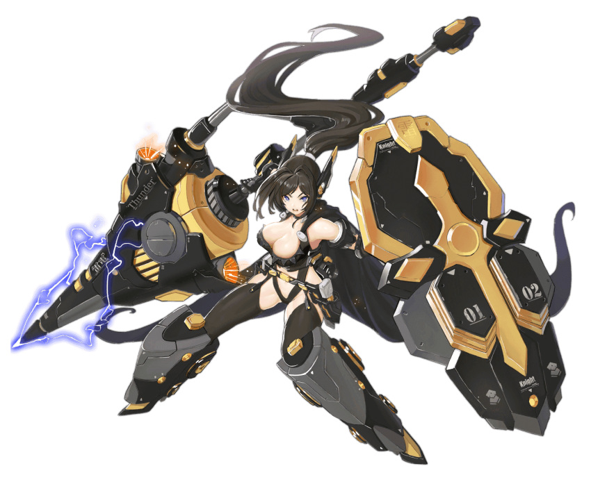 1girl acacia_(artery_gear) armored_boots armored_gloves artery_gear artery_gear:_fusion artist_request bikini black_bikini black_thighhighs boots breasts brown_hair character_request check_character cleavage electricity headgear highres holding holding_weapon large_breasts long_hair official_art ponytail purple_eyes swimsuit thighhighs third-party_source transparent_background weapon