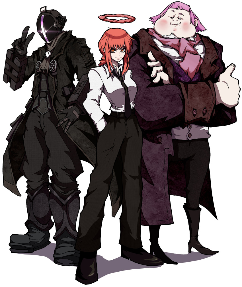 1girl 2boys absurdres big_jack_horner black_coat black_gloves black_necktie black_pants bondrewd boots breasts chainsaw_man coat covered_face crossed_arms crossover fat fat_man full_body gloves halo helm helmet highres kekel long_sleeves made_in_abyss makima_(chainsaw_man) multiple_boys multiple_crossover necktie pants pink_hair puss_in_boots puss_in_boots:_the_last_wish red_hair shirt simple_background standing v w white_background white_shirt