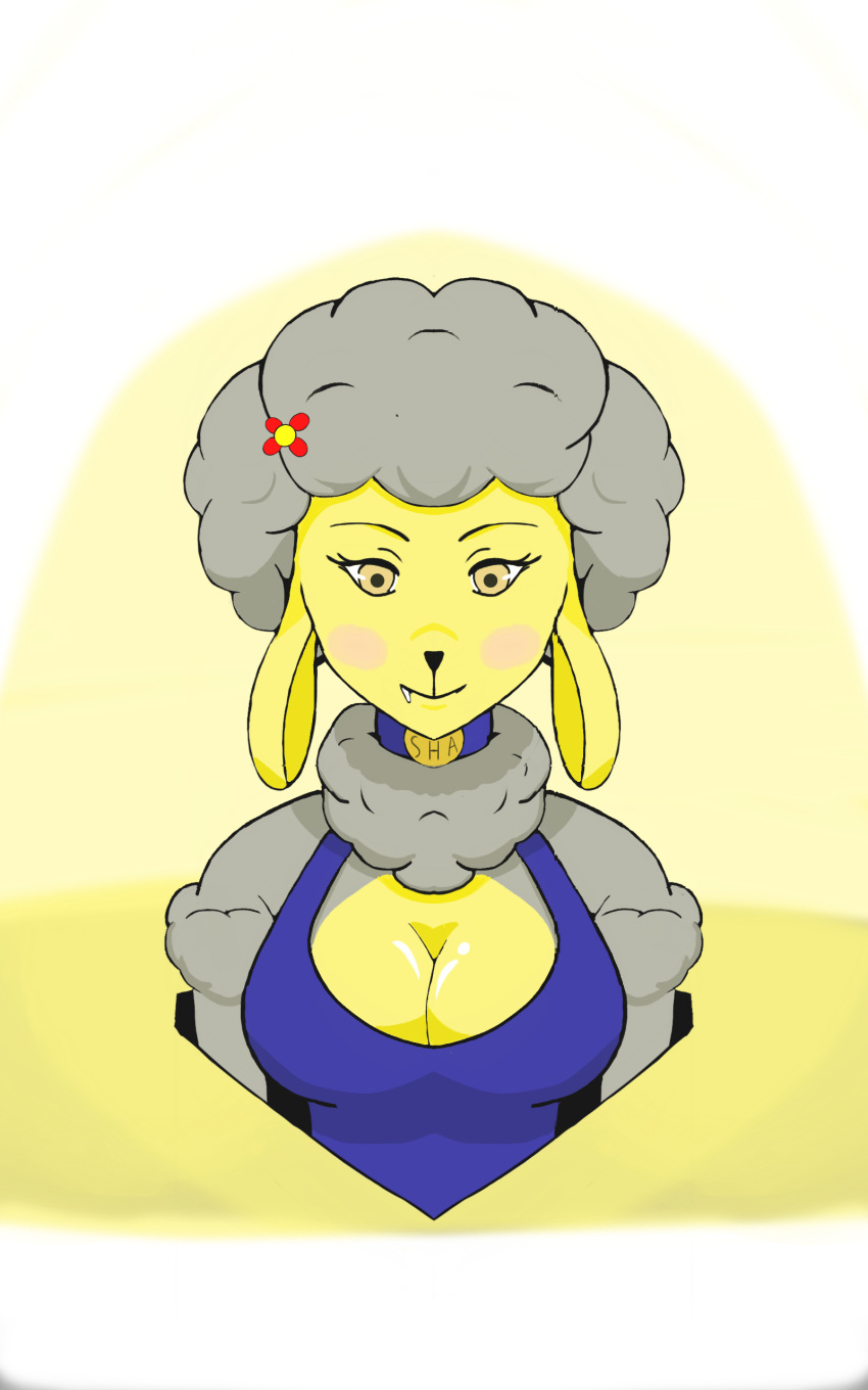 absurd_res accessory anthro anuvisur_(artist) big_breasts blush bovid breasts caprine clothed clothing collar digital_media_(artwork) female flower flower_in_hair fur grey_body grey_fur hair hair_accessory happy hi_res huge_breasts lagomorph long_ears looking_at_viewer machine mammal mature_anthro mature_female plant robot sha_(twf) sheep simple_background smile solo the_walten_files wool_(fur) wool_hair yellow_body yellow_eyes