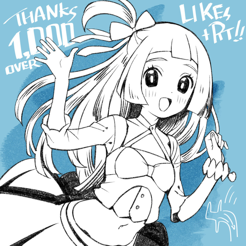 1girl :d bangs blue_background blunt_bangs blush bow bracelet buttons cosplay cropped_shirt eyelashes hair_bow hands_up happy highres jewelry kinocopro lillie_(pokemon) long_hair looking_at_viewer may_(pokemon) may_(pokemon)_(cosplay) milestone_celebration navel open_mouth pokemon pokemon_(game) pokemon_oras pokemon_sm shirt skirt sleeves_past_elbows smile solo thank_you